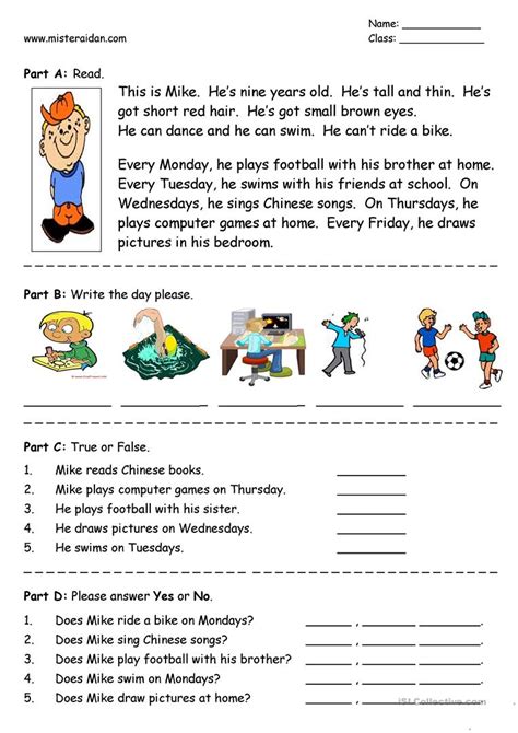 Days of the Week - easy reading comprehension worksheet - Free ESL