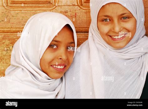 Yemen Sanaa Governorate Sanhan Close Up Portrait Of Girls Wearing