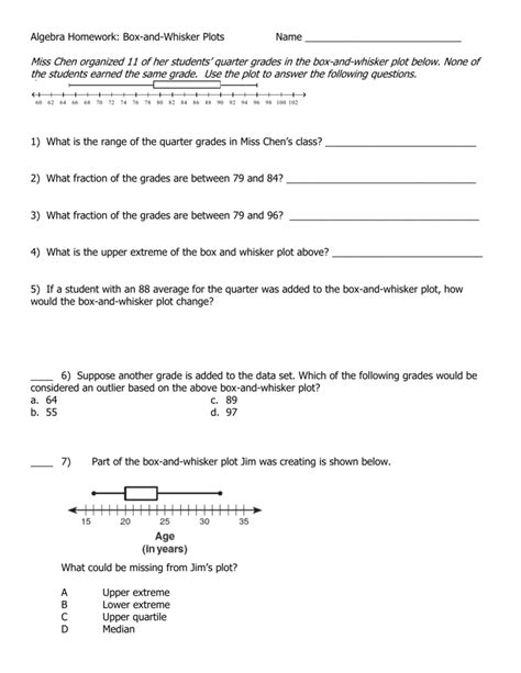 Box plots (also known as box and whisker plots) are used in statistics and data analysis. Worksheet: Box and Whisker Plot (doc)