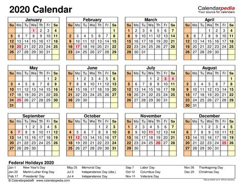 Yearly Continuous Calendar 2020 Template Calendar Design