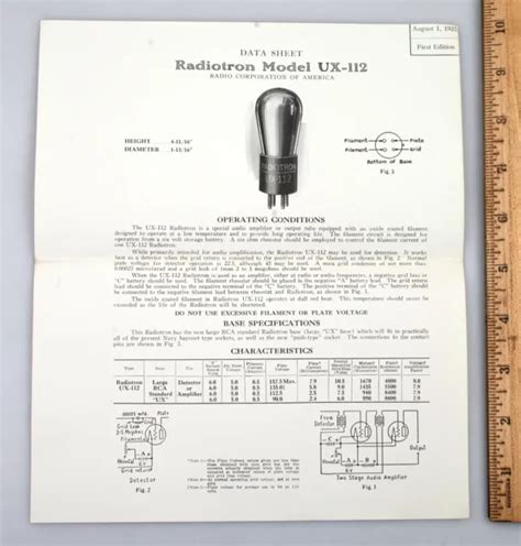 Vintage 1925 Rca Radio Tube Radiotron Model Ux 112 Data Sheet 999