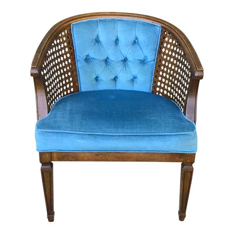 Mid Century Blue Velvet Tufted Back Cane Barrel Chair Chairish
