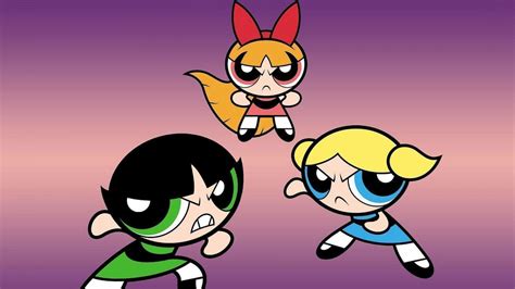 The Powerpuff Girls Blossom Bubbles And Buttercup In Purple Background