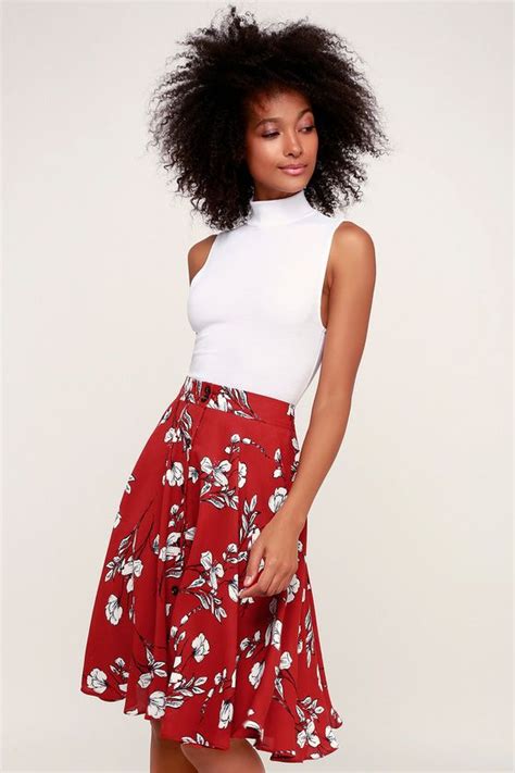 Love Blooms Rust Red Floral Print Midi Skirt Mod And Retro Clothing