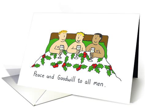 Christmas Cartoon Gay Threesome Peace And Goodwill To All Men Card