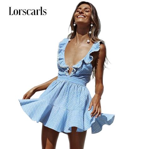 Lorscarls Sexy Deep V Neck Flare Blue Stripes Casual Ruffles Boho Back Strap Dress Women 2018