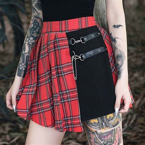 Punk Rave Womens Goth Two Piece Irregular A Line Plaid Pleated Skirts
