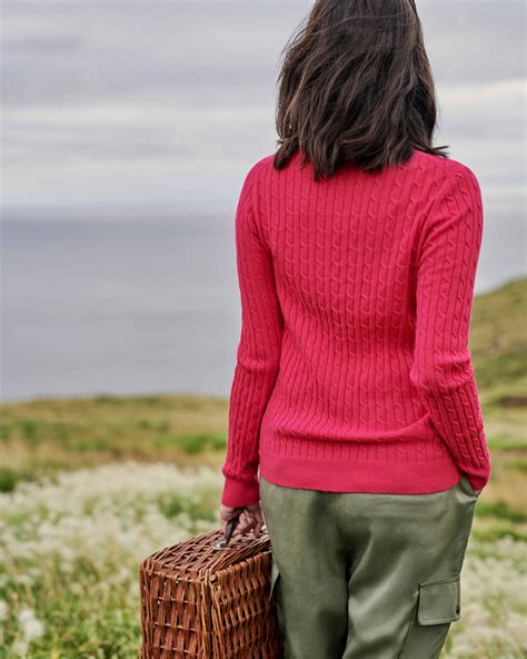 Fuchsia Pink Cashmere Merino Cable Crew Neck Jumper Woolovers Uk
