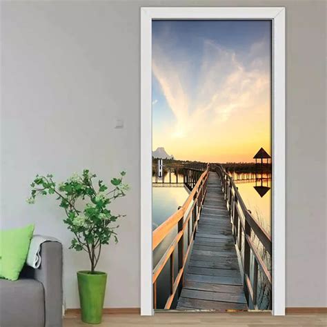 3d Door Stickers Sunset Seascape Wooden Bridge Waterproof Mural Living