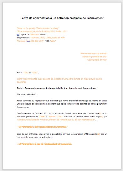 Lettre De Convocation A Entretien Prealable