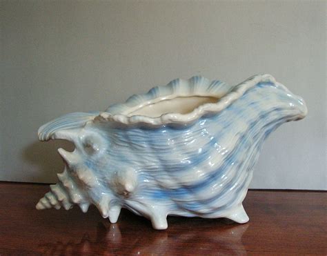 Vintage Shell Planter Blue Conch Shell Nautical Ceramic Pottery