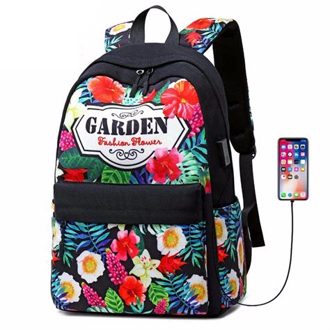 Usb Charger Women Laptop Backpacks Floral Print Bookbags Canvas