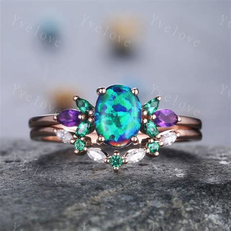 Blue Opal Wedding Ring Set Oval Opal Engagement Ring Rose Gold Etsy