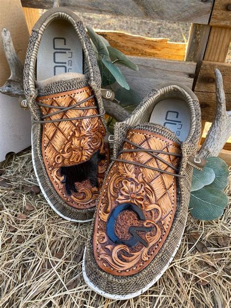 Custom Tooled Hey Dudes Hey Dudes Cowgirl Boots Square Toed Leather
