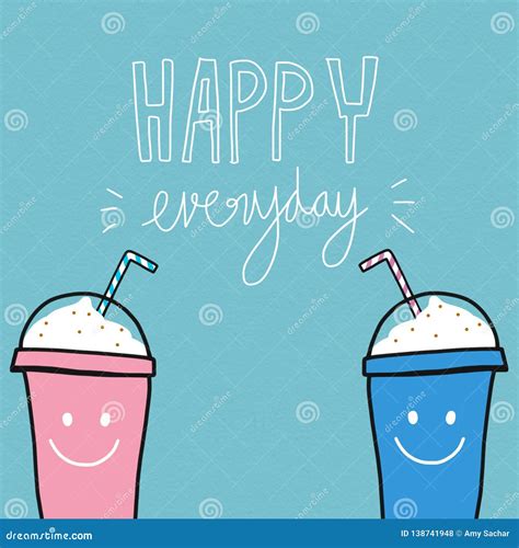 Happy Everyday Word And Cute Smile Ice Coffee Cup Watercolor
