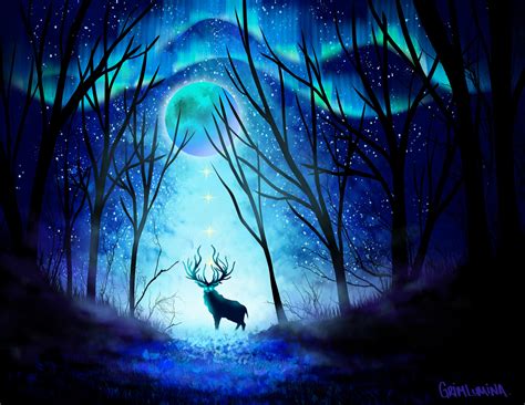 Wallpaper Deer Forest Night Moon Northern Lights Art Hd