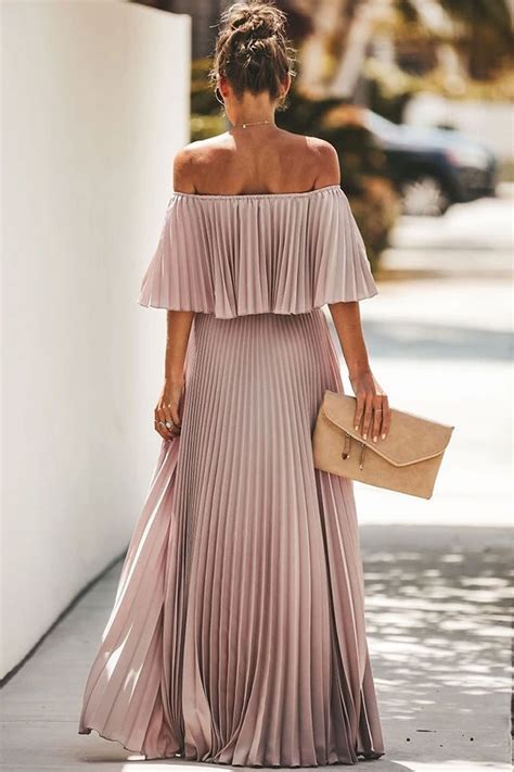 Flowy Foldover Off Shoulder Pleated Maxi Beach Vacation Dress Pink