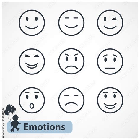 Black Simple Emotions Faces Iconssignsymbol Isolated On White