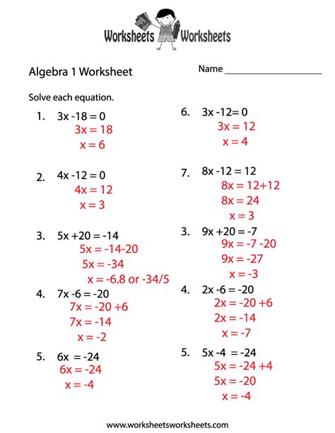 Algebra Worksheets With Answer Key