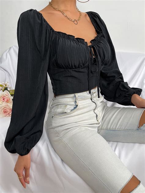 Knot Front Lantern Sleeve Crop Blouse Shein Usa