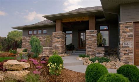 Prairie homes are designed with hip roofs on each side; stone and grey stucco | Prairie style houses, Praire style ...