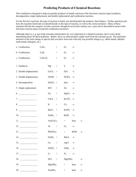 In a double displacement reaction the anions and cations of the two ionic compound reactants will switch places. Single Replacement Reaction Worksheet / Types Of Chemical ...