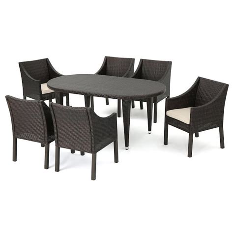 Noble House Benjamin Multi Brown 7 Piece Faux Rattan Outdoor Dining Set