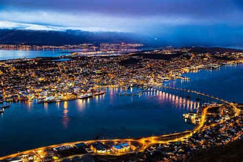 Tromso Night City Panoramic View Street Light Norway Stock Image