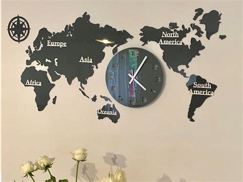 Large Wall Clock World Map Silent Black Clock With Numbers Etsy