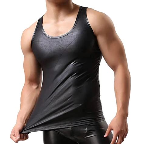 Mens Sexy Pu Leather Tank Tops Sleeveless Erotic Shaping Sheath Stretch