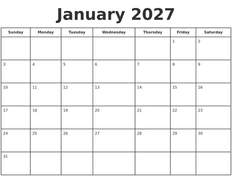 January 2027 Print A Calendar