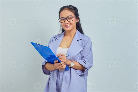 Young Business Woman Holding Clipboard Isolated On Purple Background