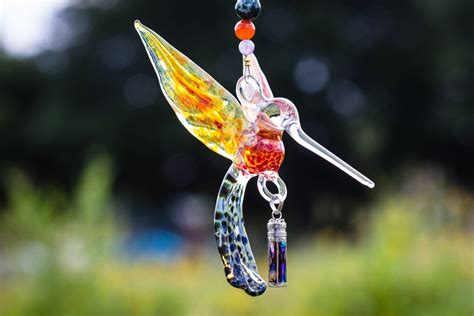 Glass Hummingbird With Sterling Silver Keepsake Urn Memorial Art Handcrafted Glass