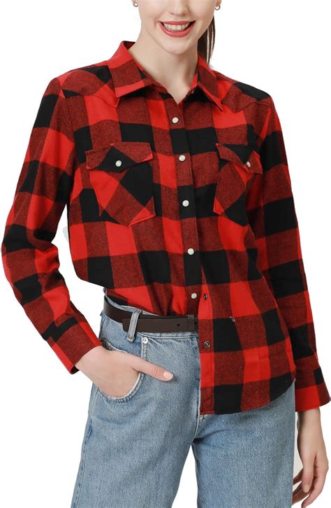 Snap Buttons Flannel Shirts For Women Long Sleeve Shirts For Women Plaid Women