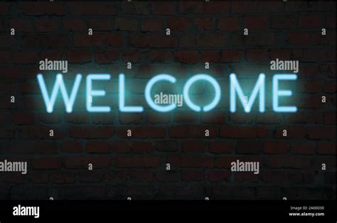 Neon Welcome Word Realistic Vector Letters On The Illuminated Brick