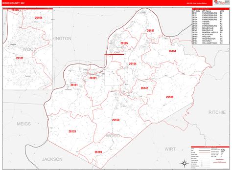 Wood County, WV Zip Code Wall Map Red Line Style by MarketMAPS - MapSales