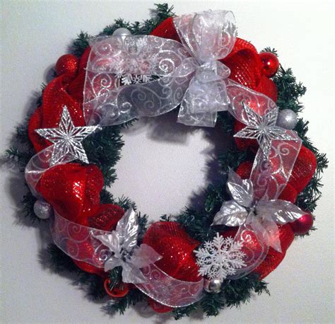 Pine Wreath With Red Mesh Silver Ribbon Silver Glitter Snowflakes And
