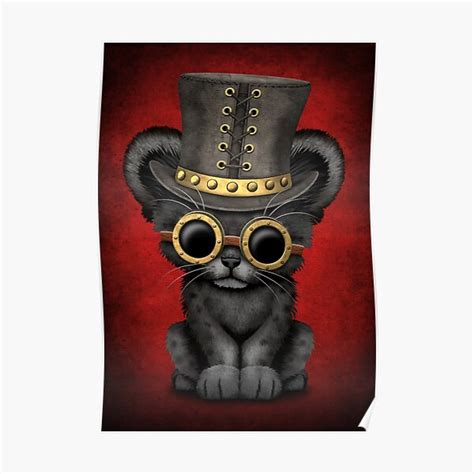 Steampunk Black Panther Cub On Red Poster By Jeffbartels Redbubble