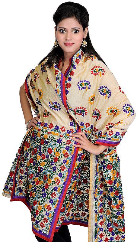 Beige Phulkari Dupatta From Punjab With Aari Embroidered Flowers By