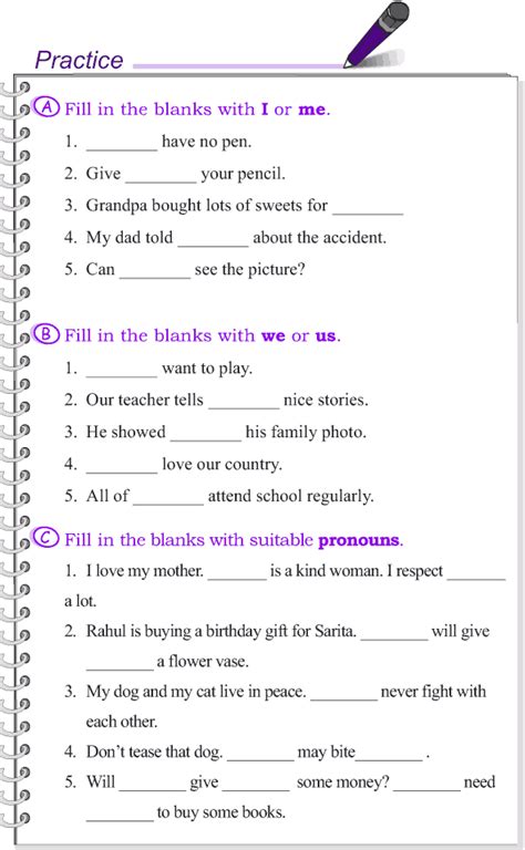 English Worksheet For Practice Grammar Class 1 Pronouns English Grammar