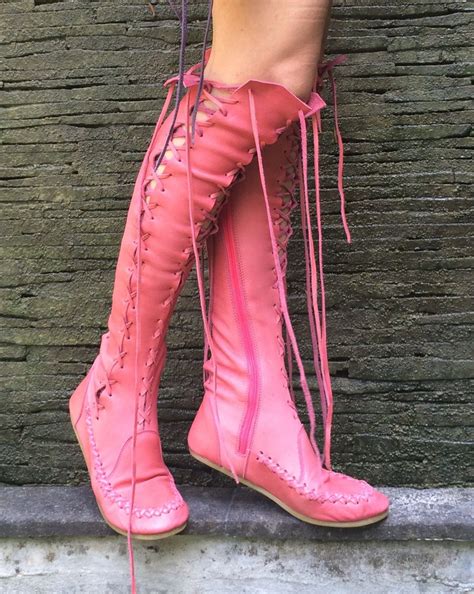 Leather Boots Coral Pink Knee High Leather Boots For Women Gips