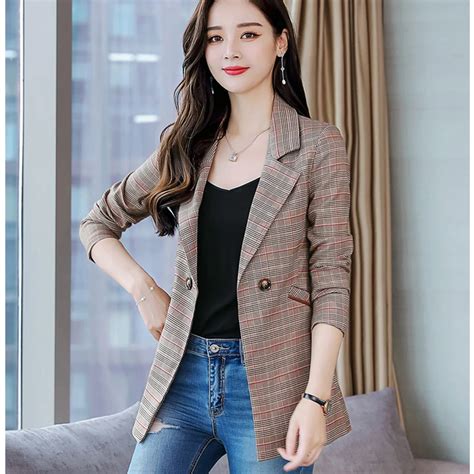 Women Blazers And Jackets 2019 Work Office Lady Plaid Suit Casual Single Button Female Blazer