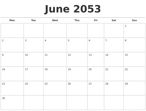 June 2053 Calendars Free