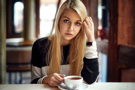 face blue eyes cup natural light depth of field coffee alex fetter madlen knorr women blonde