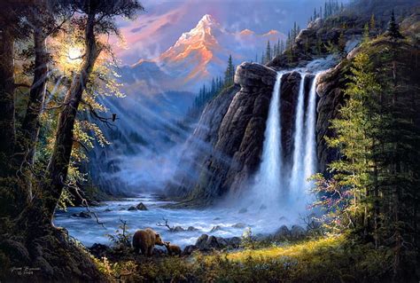 Hd Wallpaper Jesse Barnes Art Painting Landscape Waterfalls Trees