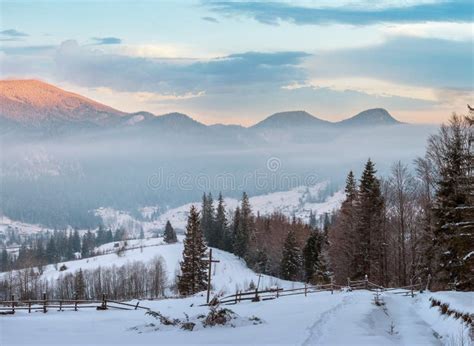 Sunrise Winter Carpathian Mountain Village Ukraine Stock Image Image