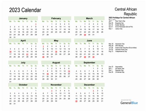 Holiday Calendar 2023 For Central African Republic Monday Start