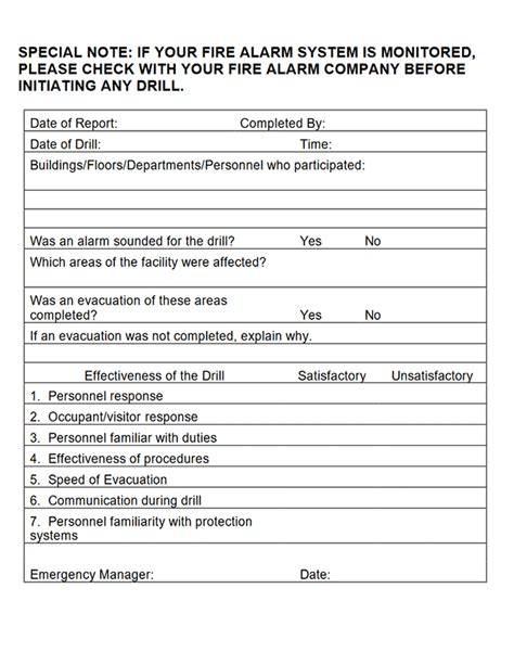 Printable Fire Drill Checklist Template