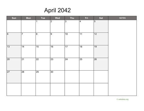 April 2042 Calendar With Notes