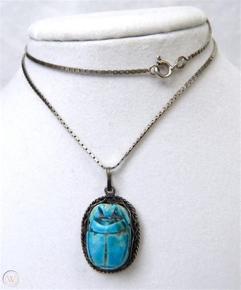 Vintage Egyptian Scarab Pendant Necklace Lot Sterling Silver Turquoise